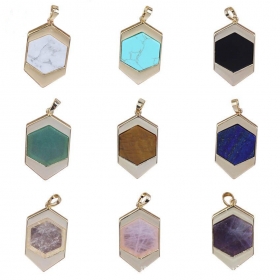 1pcs brass bezel gemstone geometric hexagon pendant necklace