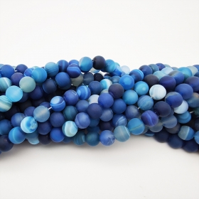 Striped Agate Beads Strands, Frosted, Dyed, Round,Deep Bule